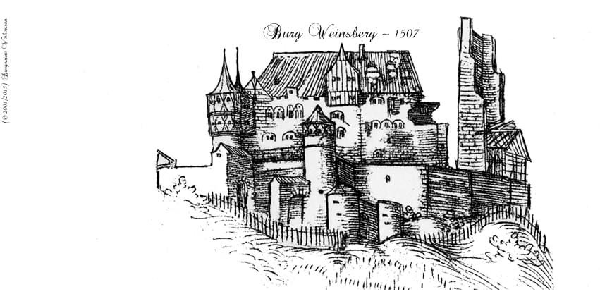 Burgruine Weibertreu ca. 1507. - Basierend auf Basis einer Reproduktion einer Zeichnung aus dem Reiseskizzenbuch des Malers 'Hans Baldung Grien'
